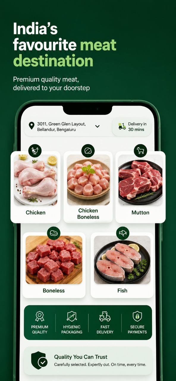 MeatsFresh mobile app showing fresh meat categories and delivery options